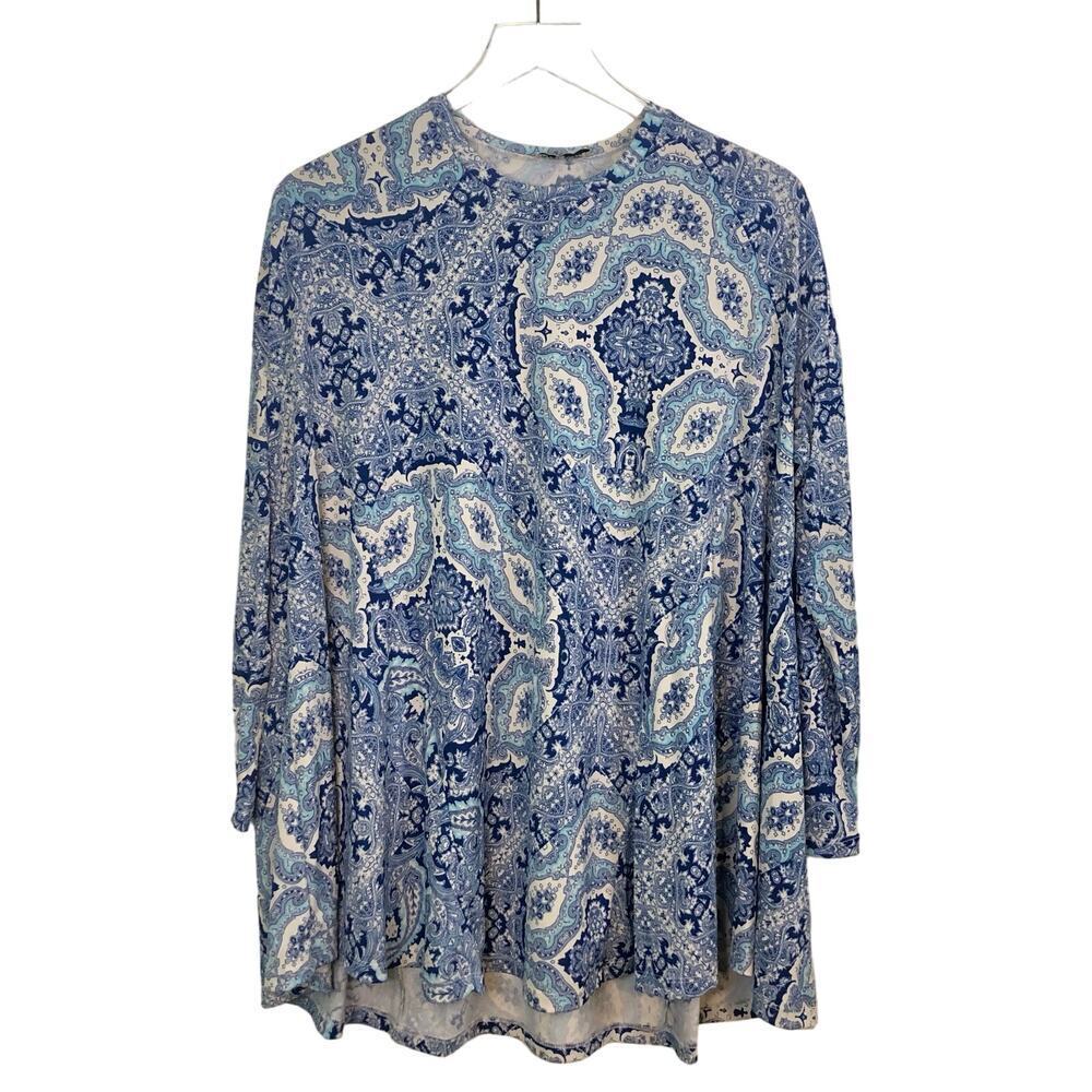 Show Me Your Mumu Size XS Blue & White Paisley Tunic Long Sleeve Boho Slinky